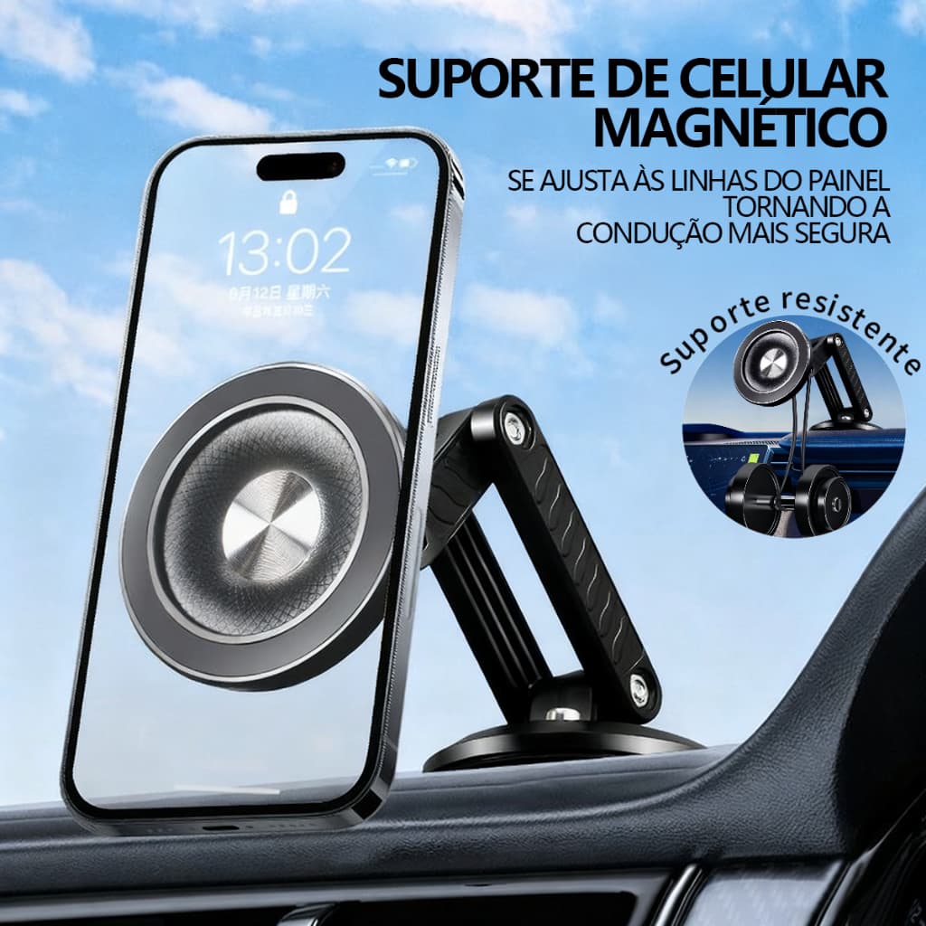 Suporte de Celular Automotivo  Magnético e Giratório · Para Saída de Ar, Painel e Vidro · Uso em GPS