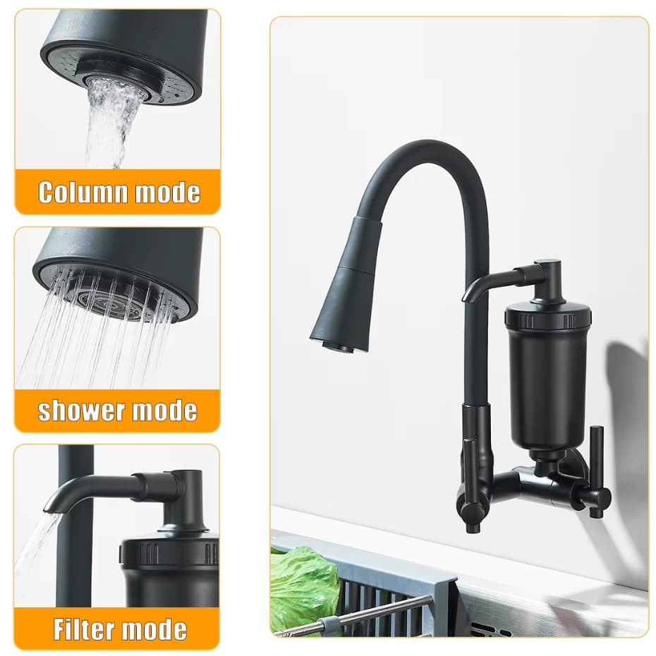 Torneira Preta Com Filtro Para Cozinha, Torneira Flexivel de Parede Cozinha,Torneira Preta Gourmet Parede, Filtro