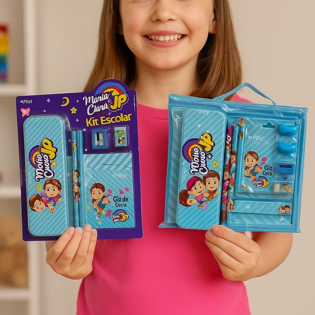Kit Material Escolar Infantil Maria Clara & JP com Estojo + Acessórios Criança Volta às Aulas