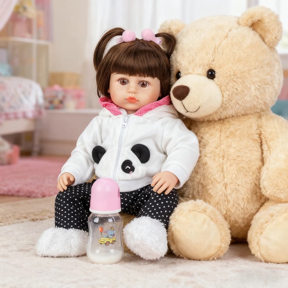 Bebê Reborn com Acessórios Panda 48cm Menina Pronta Entrega