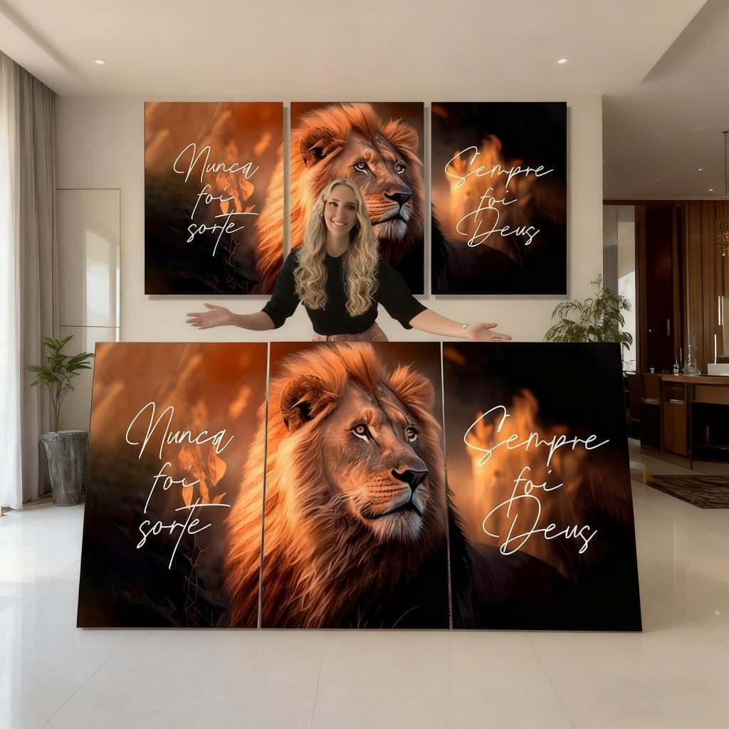 Quadro Decorativo Leão com Frase "Nunca Foi Sorte" Tamanho Grande 122x60cm Impressão HD para Sala Quarto ou Escritório