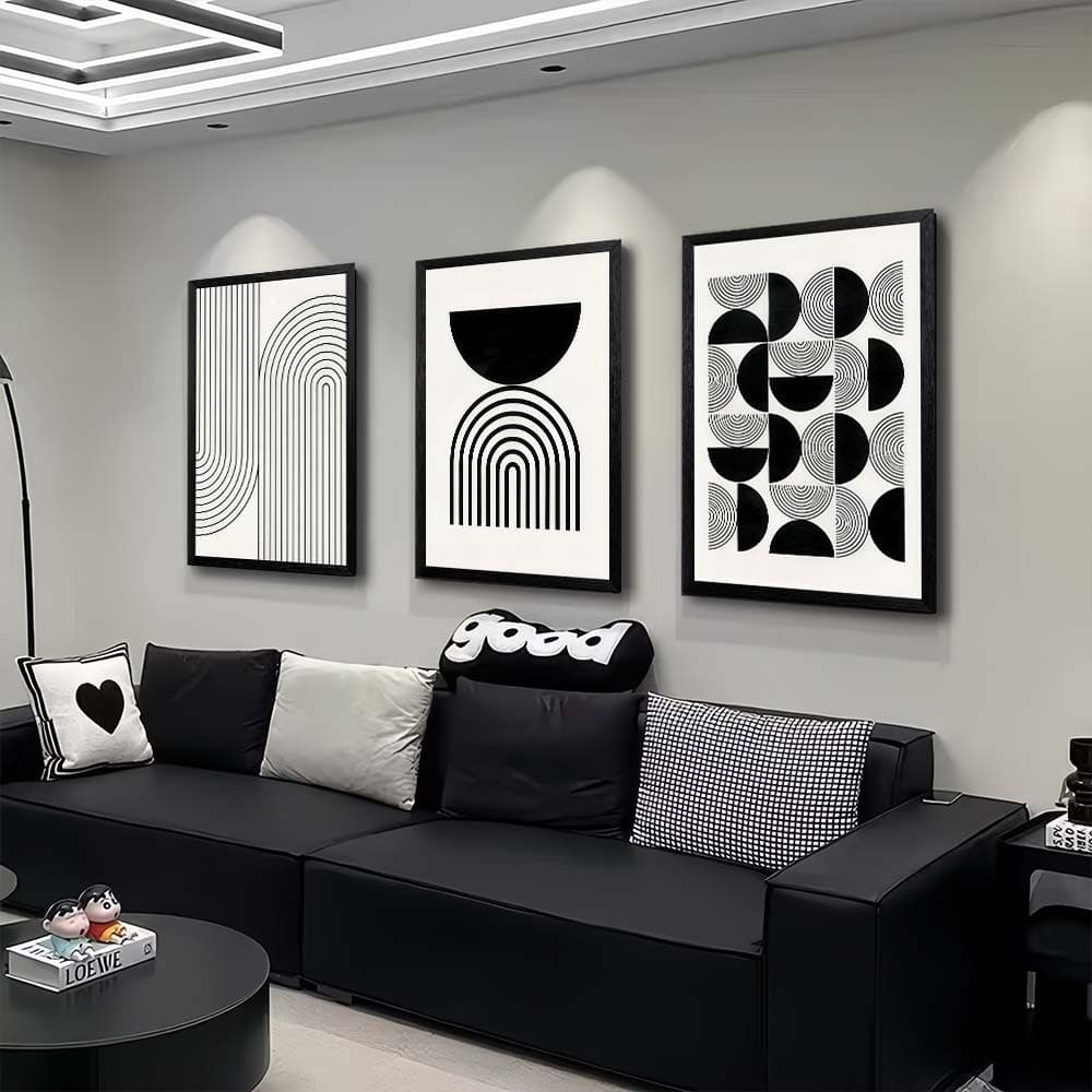 Kit 3 Quadros Decorativos Geometrico Abstrato Preto E Branco Com Linhas E Formas Circulares Decoracao Sala Moderna
