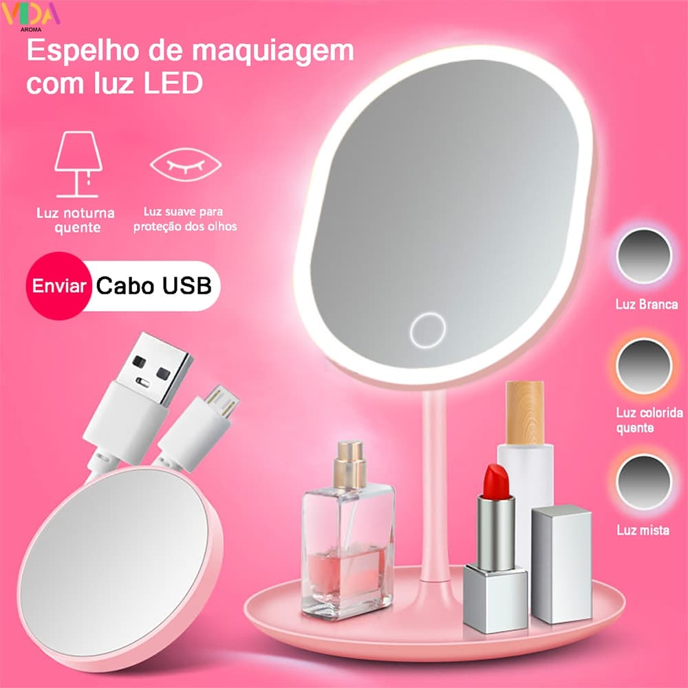 Espelho De Maquiagem Com LED Multicolorido Três Níveis De Intensidade De Luz E Operação Por Tela Sensível Ao Toque.