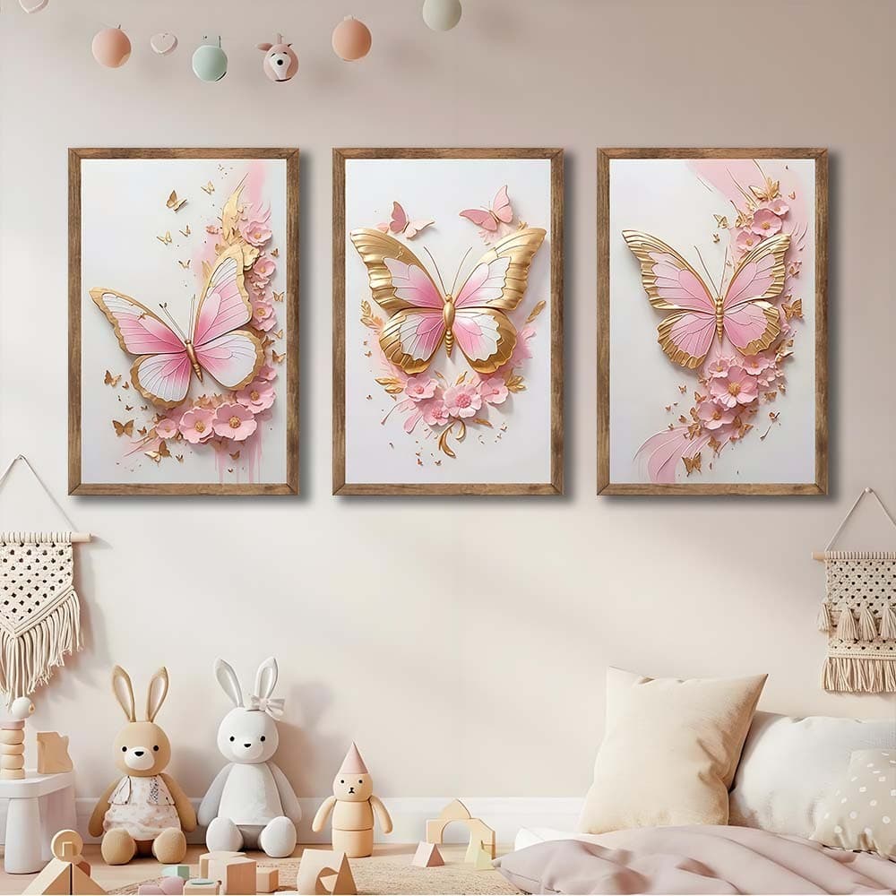 Quadro Decorativo 3 Peças Borboleta Rosa Dourado para Sala de Estar Quarto ou Escritório