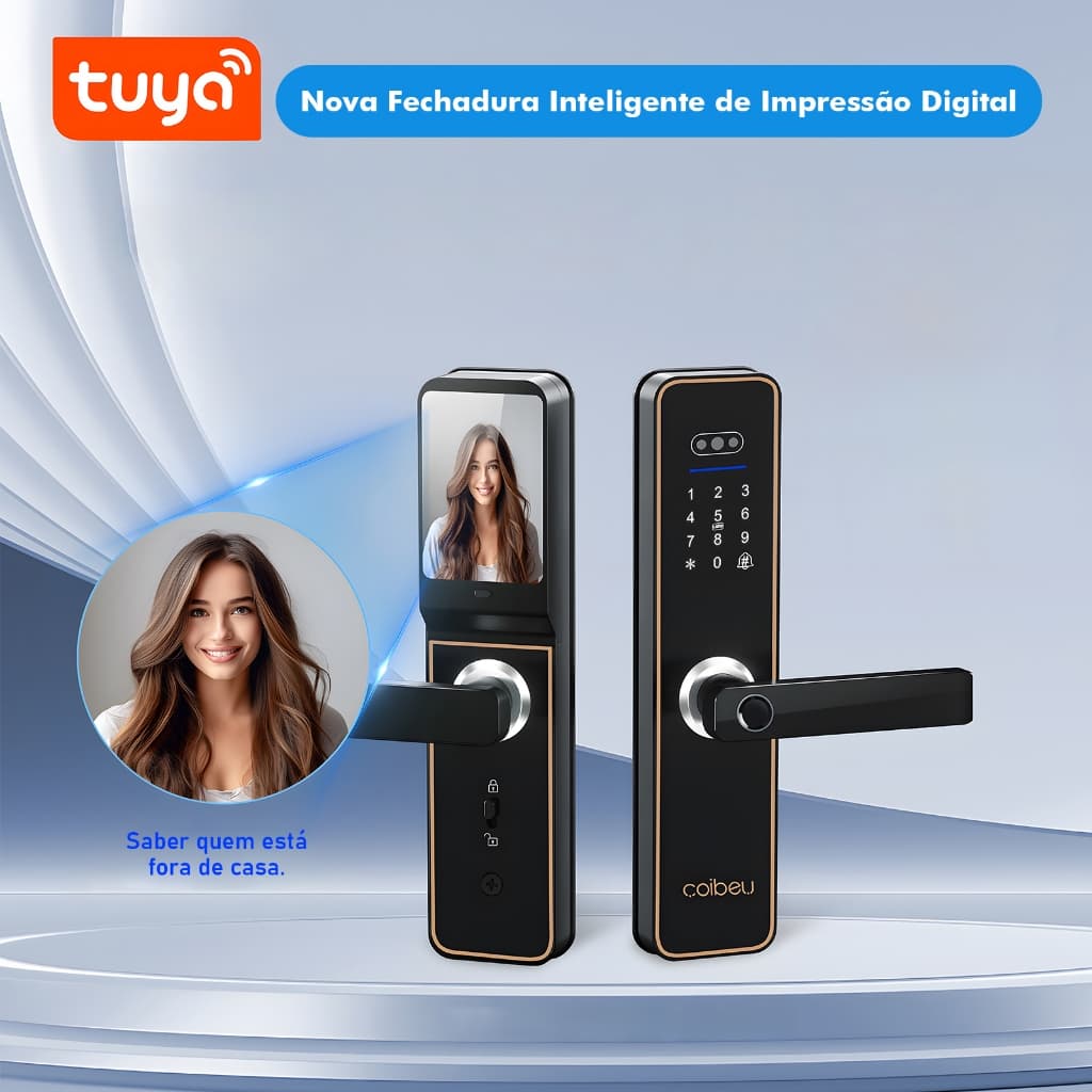 Fechadura Inteligente para Porta com Wi-Fi, Digital e Impressão Digital Tuya Senha Cartão Bateria Recarregável-N010