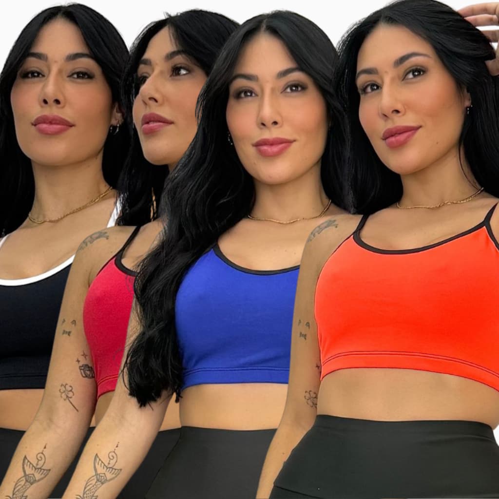 Kit 4 Tops Feminino Academia  Sustentação Confortável Moda Esportiva Sem Bojo Esportivo Forrado