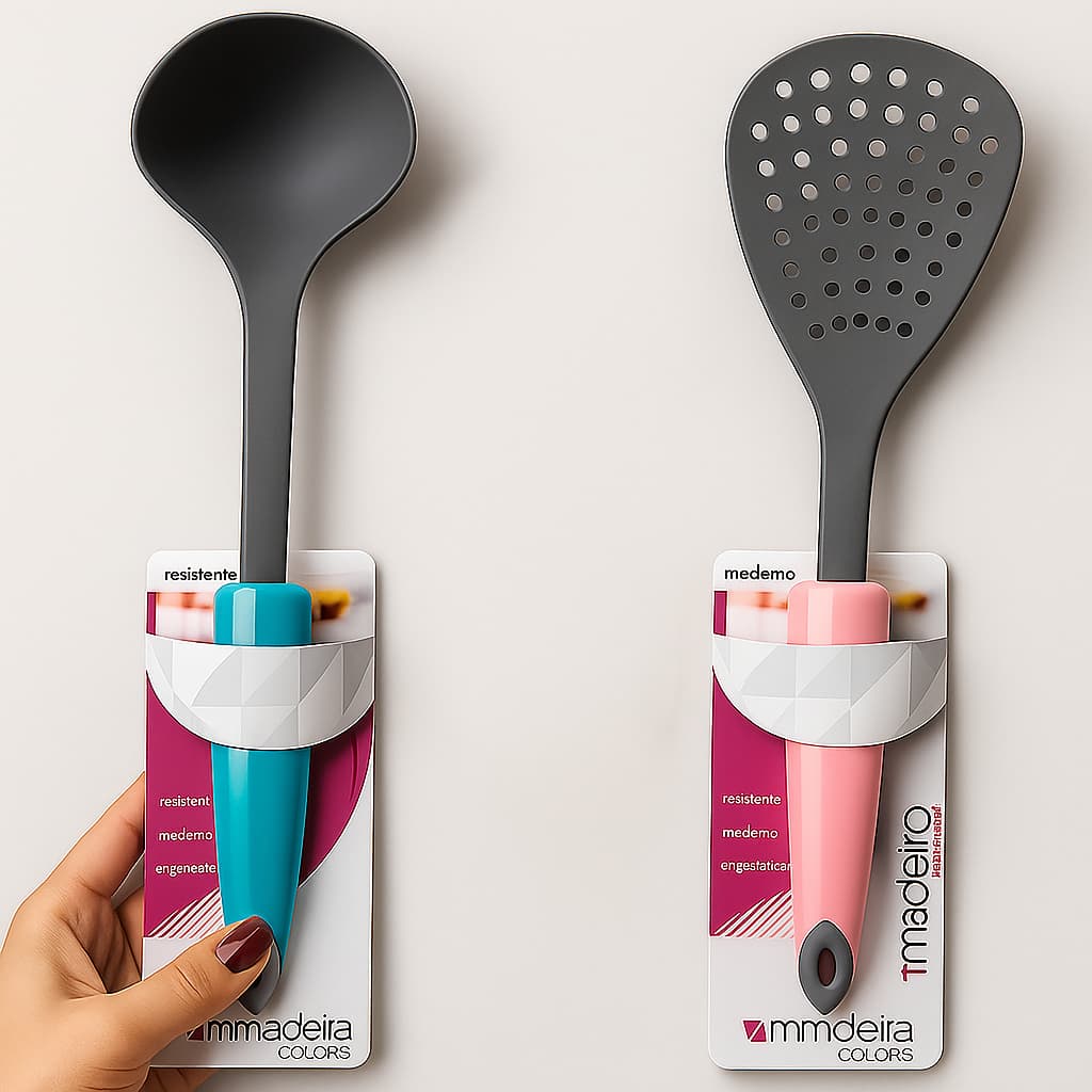 Concha e Escumadeira de Nylon com Cabo Colorido– Resistentes e Modernas