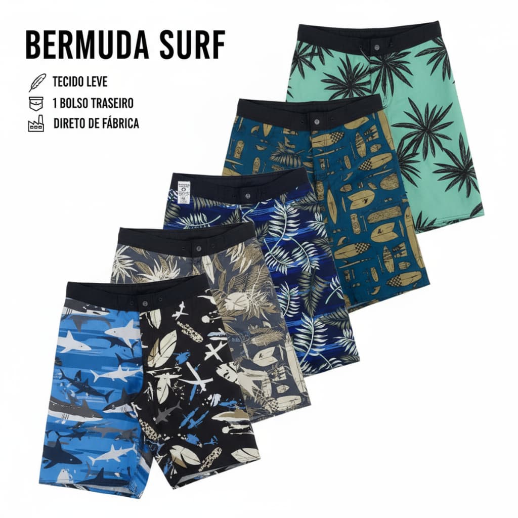 Bermuda Praia Masculina Tactel Elastano Com Bolso Banho Casual