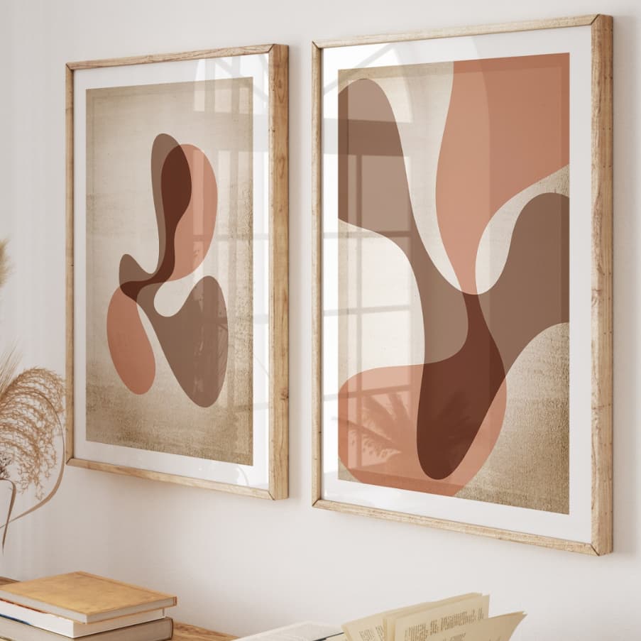 Kit 2 Quadros Decorativos com Moldura Sala Quarto Duo Decoração Boho Escandinavo Terracota Vidro