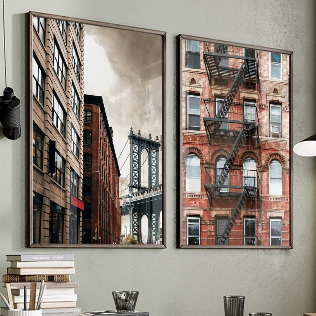 Kit 2 Quadros Decorativos com Moldura Sala Quarto Duo Urbano Vintage Cidade de Nova York Sépia Vidro