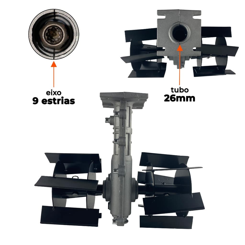 Enxada Rotativa Capinadeira 26mm Eixo 9 Estrias para Roçadeira a Gasolina Carbon Fak