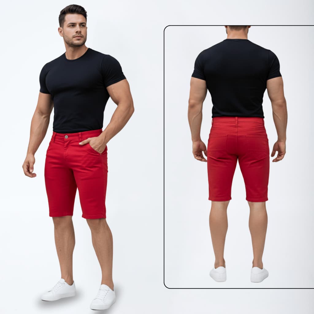 Bermuda Masculina Short Em Sarja Brim Colorida Com Bolso Relógio