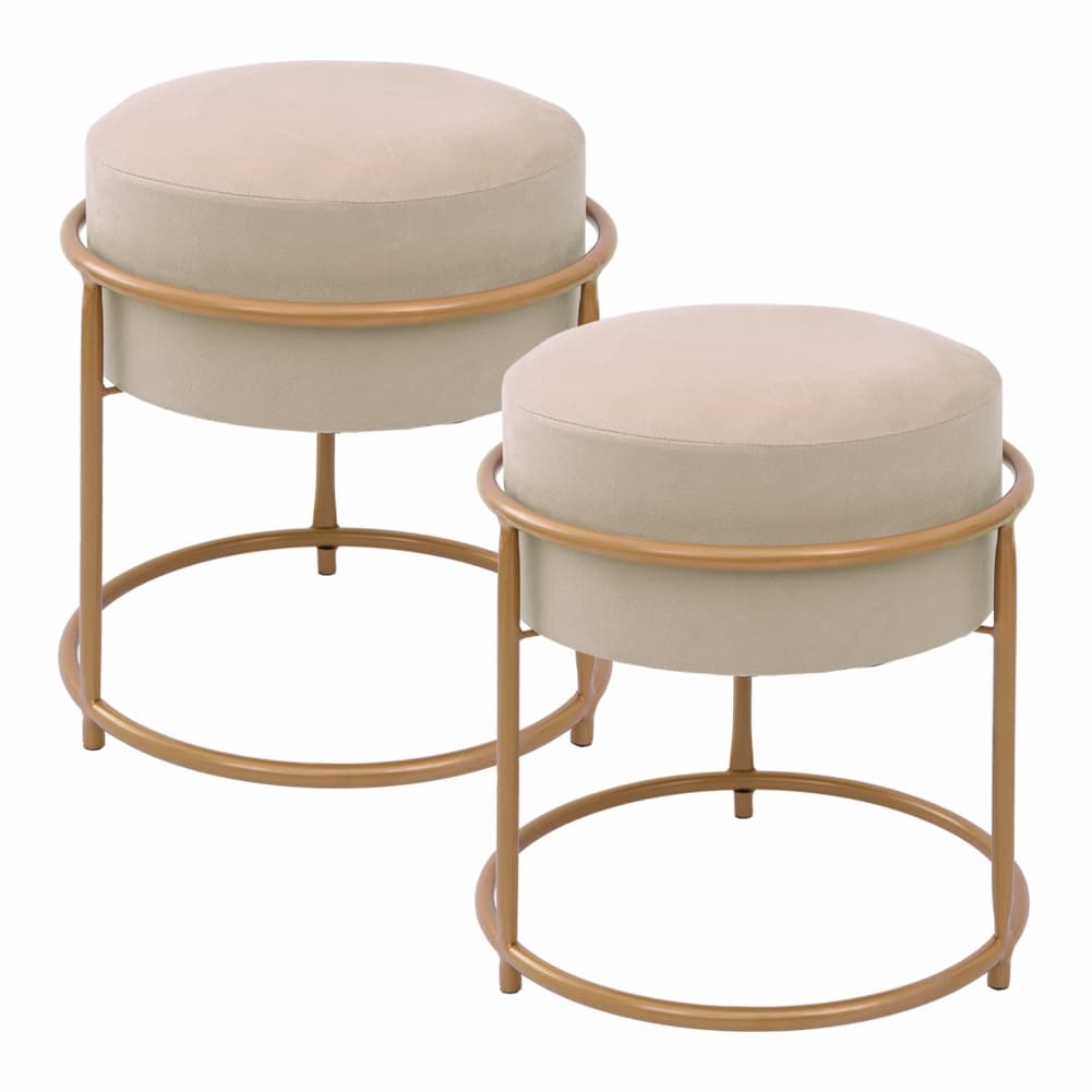 2 Puff De Ferro Dourado Redondo, Banqueta, Design Moderno, Sala, Mesa