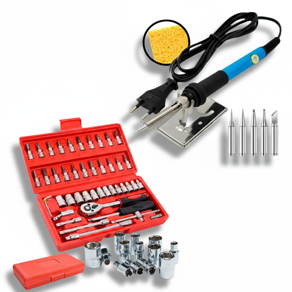 Kit ferramenta Aportex Ferro de solda 60w + Maleta jogo de catraca soquetes 46 peças