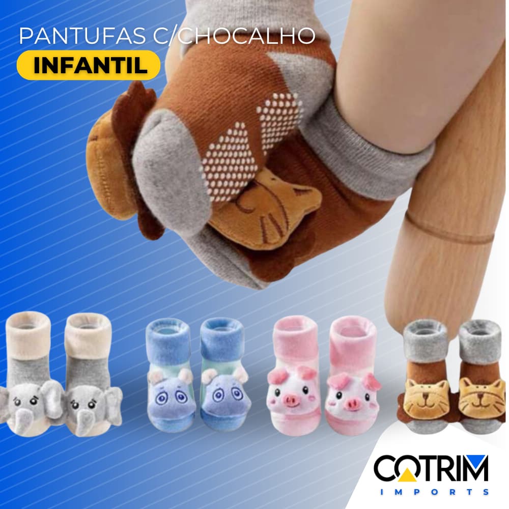 Kit 2 pares Meias Sapatinhos Pantufas com chocalho Infantil Bebe 0-24meses