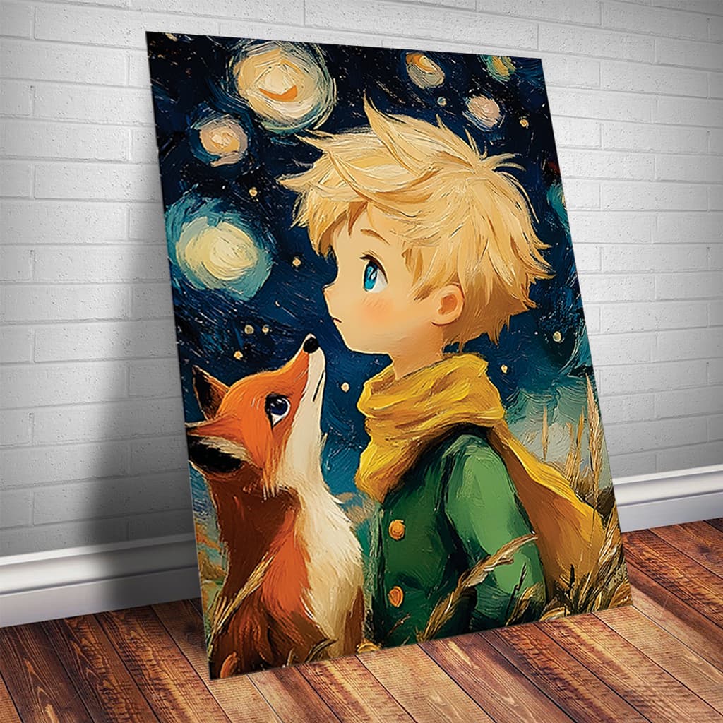Quadro Decorativo Pequeno Príncipe E Raposa Desenho Infantil Noite Estrelada Quarto Sala Cozinha