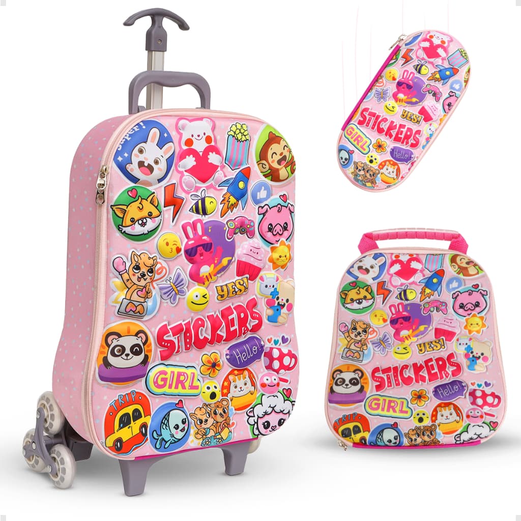Kit Mochilas de Rodinhas com Stickers – Praticidade e Diversão para Crianças