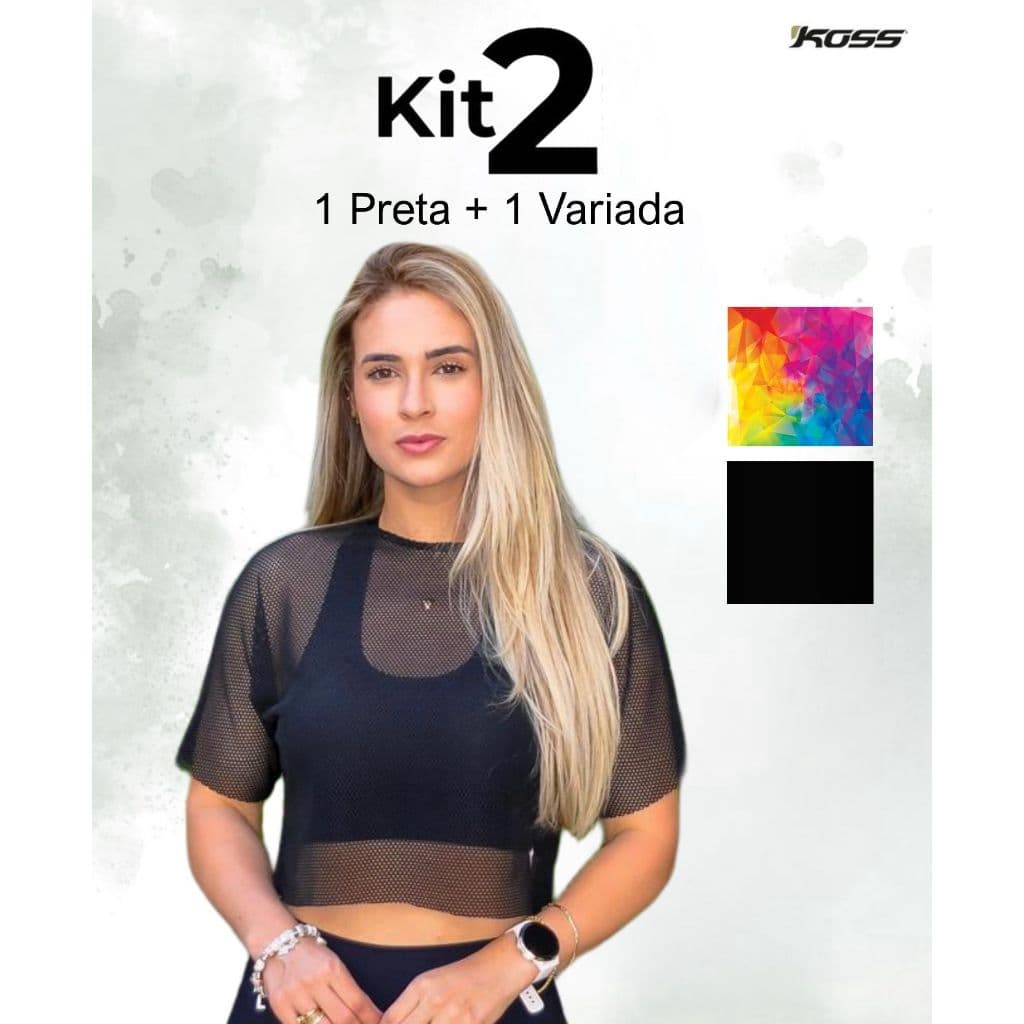 KIT 2 BLUSAS FEMININA PRETA E SORTIDA TELA TULE ARRASTÃO TRANSPARENTE DE ACADEMIA FITNESS