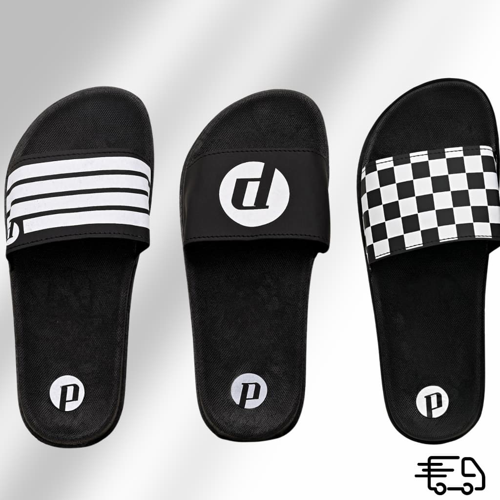 Kit Slide Chinelo Preto Xadrez Listrado Macio Flexível
