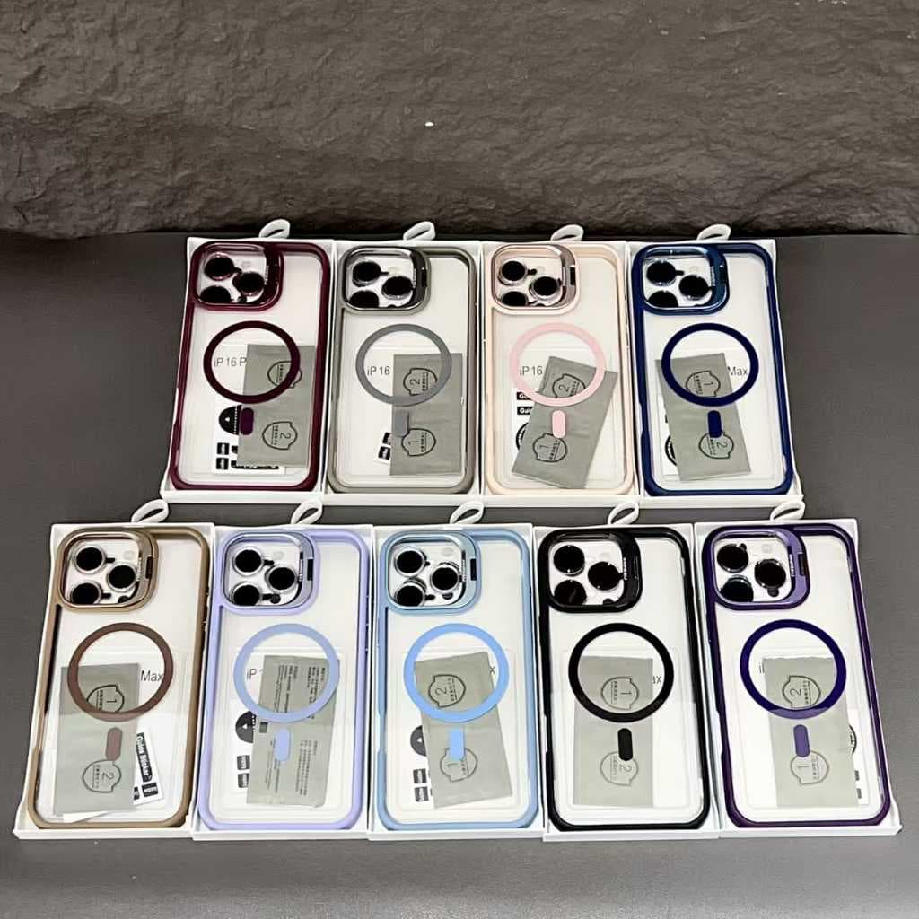 Capa Acrílica com PelÍcula de Câmera + Suporte & Megsafe para iPhone 15 15P 15PM 16 16P 16PM 16E/17E 17P 17PM (XJC)