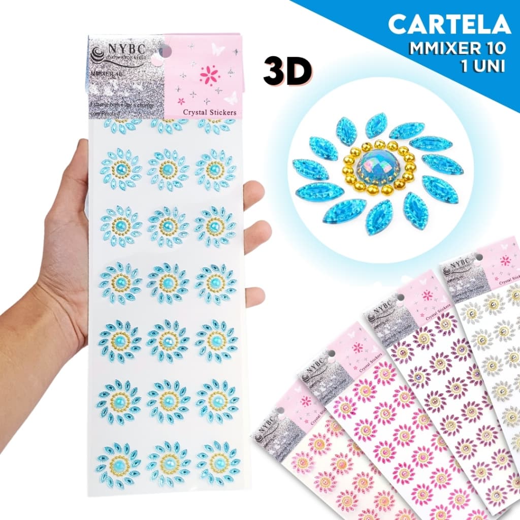 Cartela Adesiva com Pedrarias 3D MMIXER-10 Flor Cristal para Artesanato, Customização e Decoração