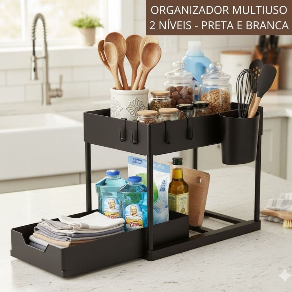 Organizador Multiuso 2 Níveis com Bandeja deslizante Banheiro Cozinha lavanderia - Preta e Branca