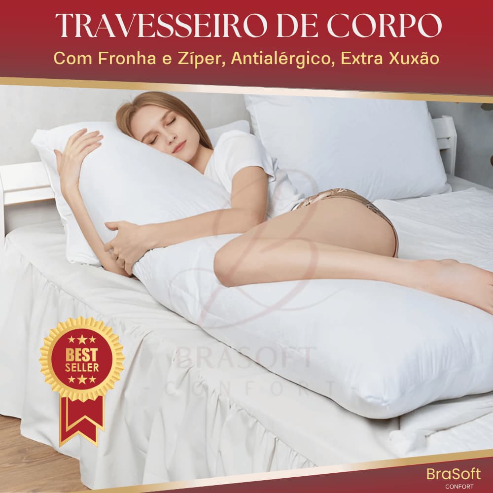 Travesseiro de Corpo Com Fronha de Zipper Antialérgico 1,30m x 40cm Extra Xuxão