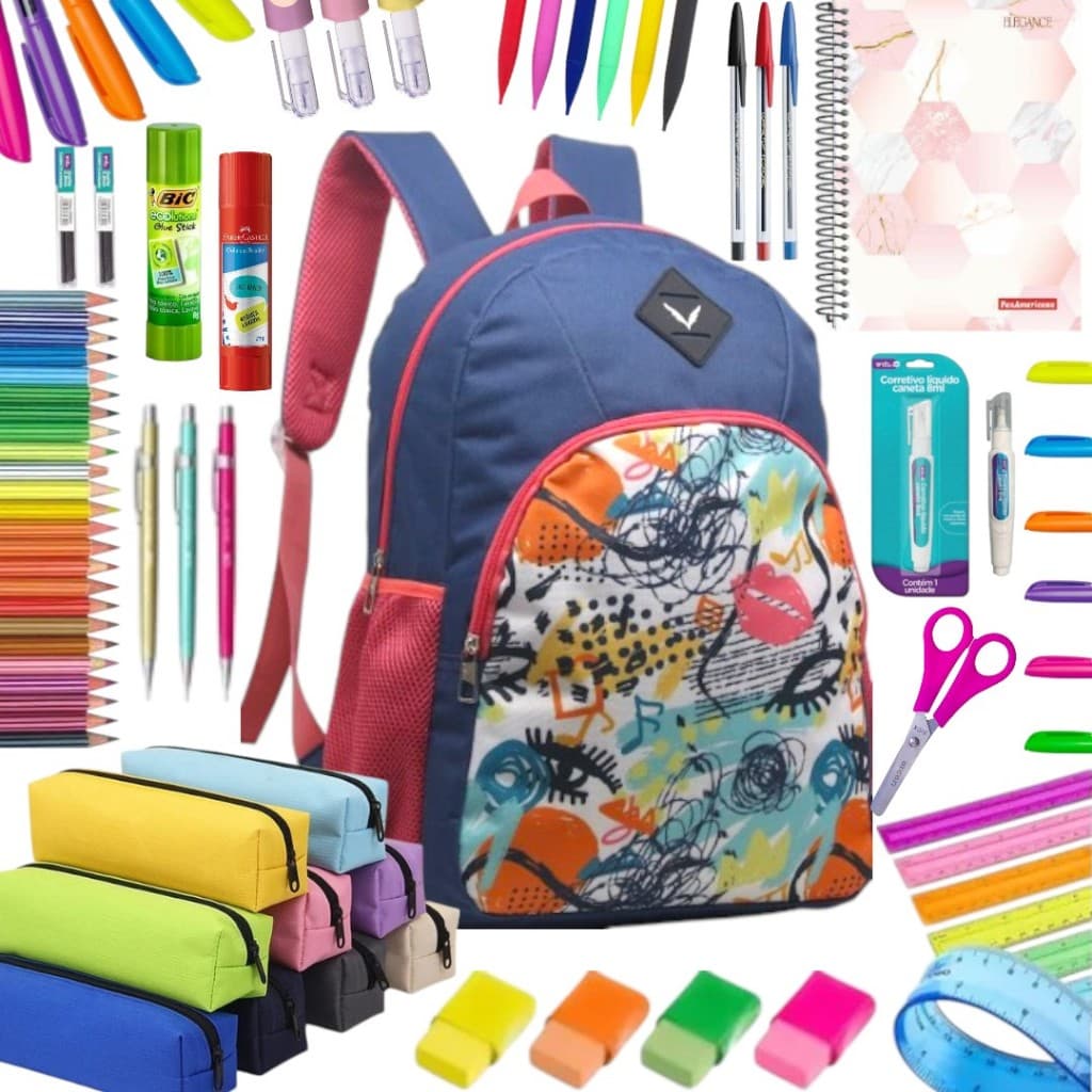 Material Escolar Kit Feminino Completo Bolsa Caderno Estojo Itens Menina Escola Mochila