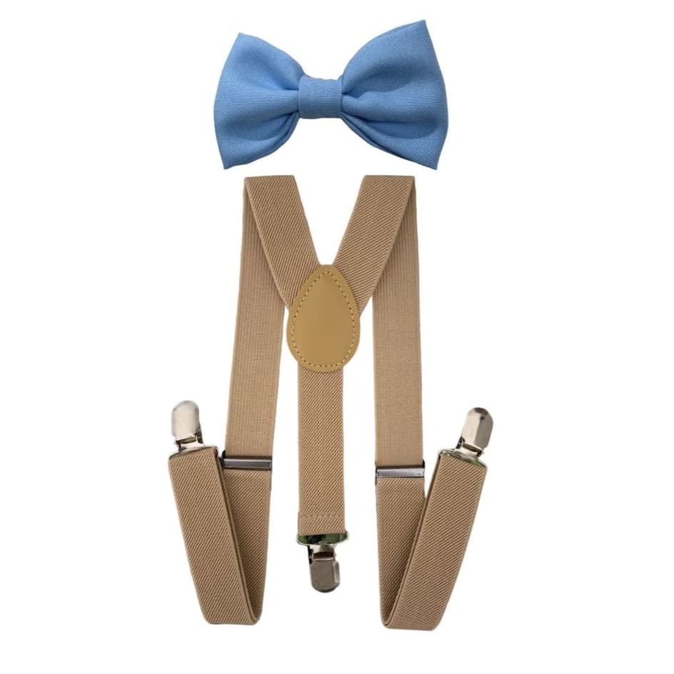 Kit Suspensorio Bege e Gravata Borboleta Azul Serenity Infantil Para Pajens de Casamento