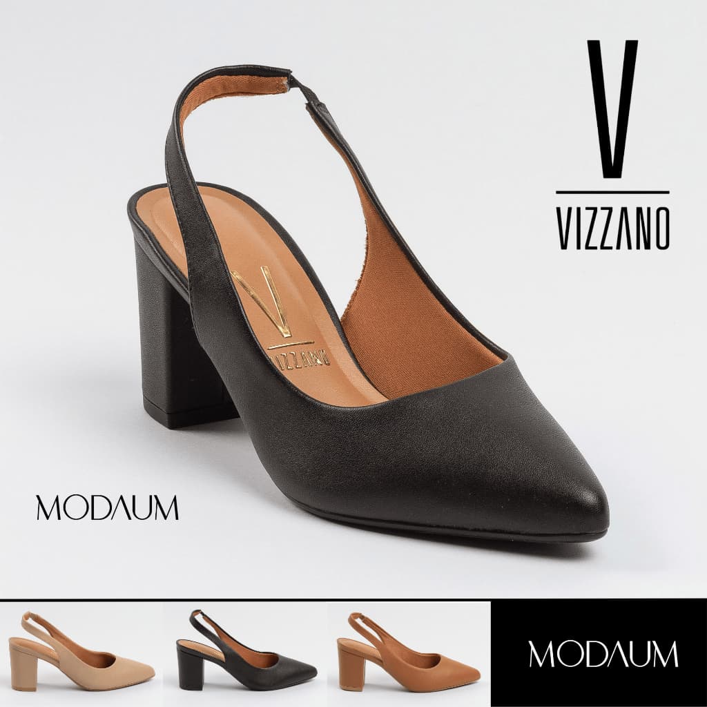 Sapato Feminino Social Salto Grosso Alto Slingback Vizzano Bico Fino