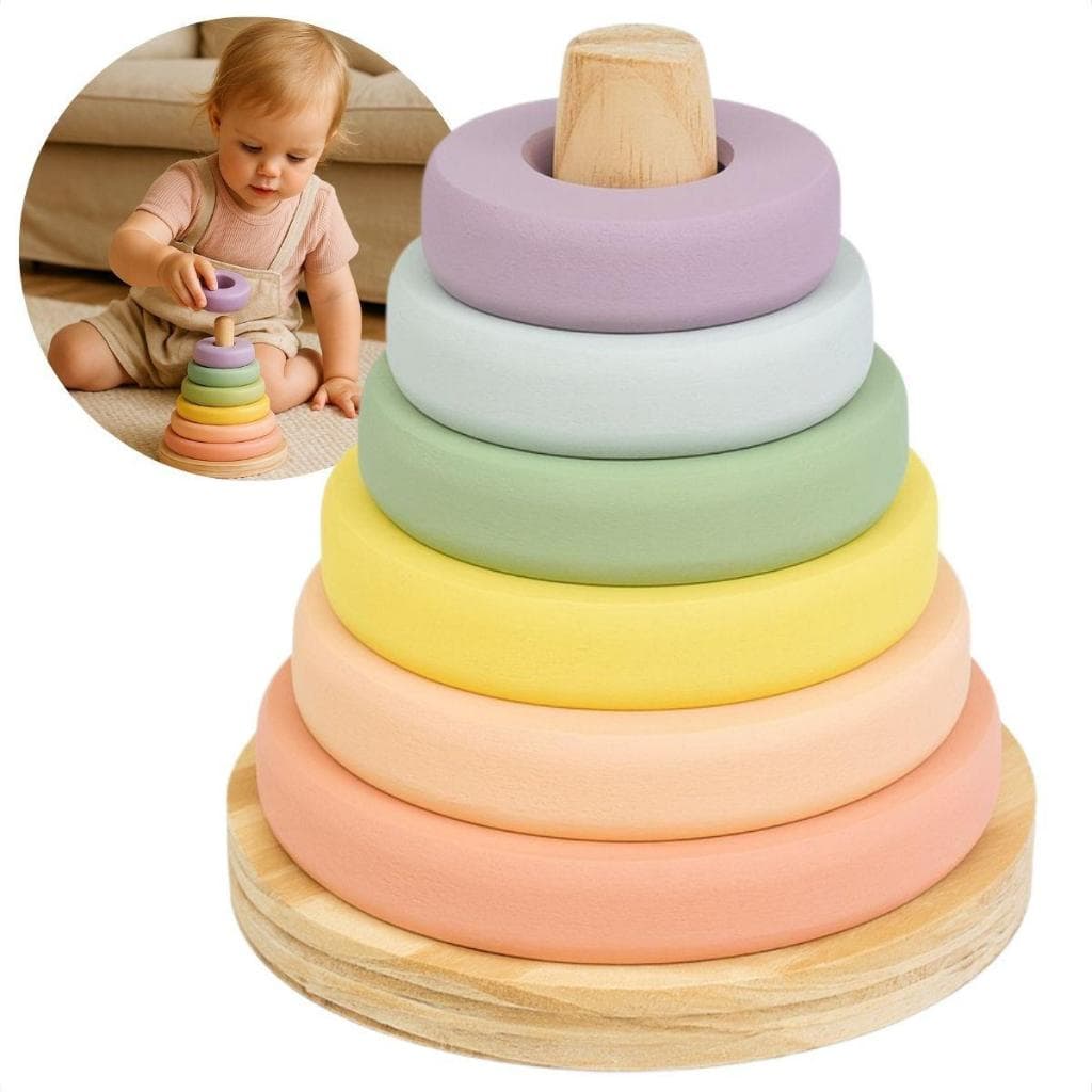 Torre Donuts Candy Empilhar Colorida | Jogo Educativo encaixe Bebê | Brinquedo de Madeira Educativo