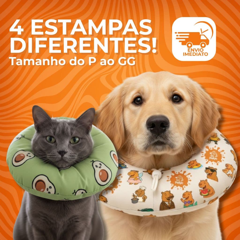 Colar Elizabetano Ajustável Petyc Cone Pós Cirúrgico Cães e Gatos Confortável Estampado Proteção Macio Regulagem Segura