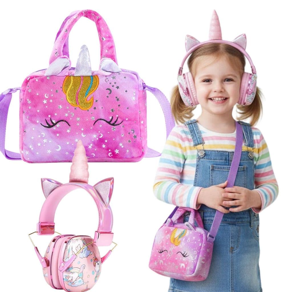 Protetor Auditivo Infantil Unicórnio Bolsa Lilás Rosa Ajustável Conforto Ruído Criança Autista TEA