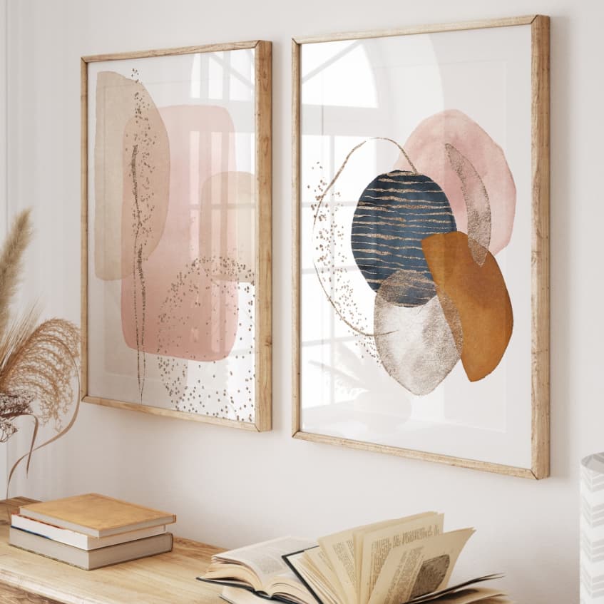 Kit 2 Quadros Decorativos com Moldura Quarto Sala Dupla Decoração Abstrato Minimalista Moderno Vidro