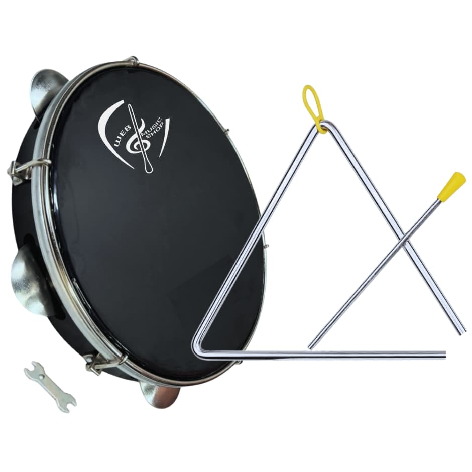 Kit Pandeiro 10" Polegadas Profissional Web Music Pele Preta + Triângulo