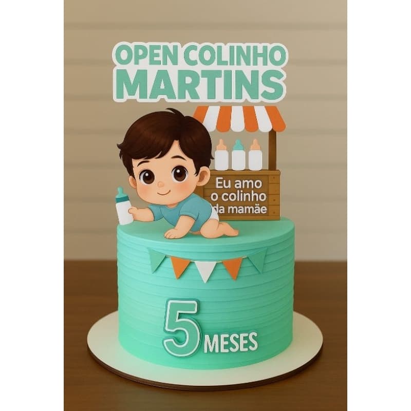 Topo de Bolo Open Colinho Menino – Mesversário Personalizado Bebê com Nome e Idade | Tema Fofo para Festa Infantil