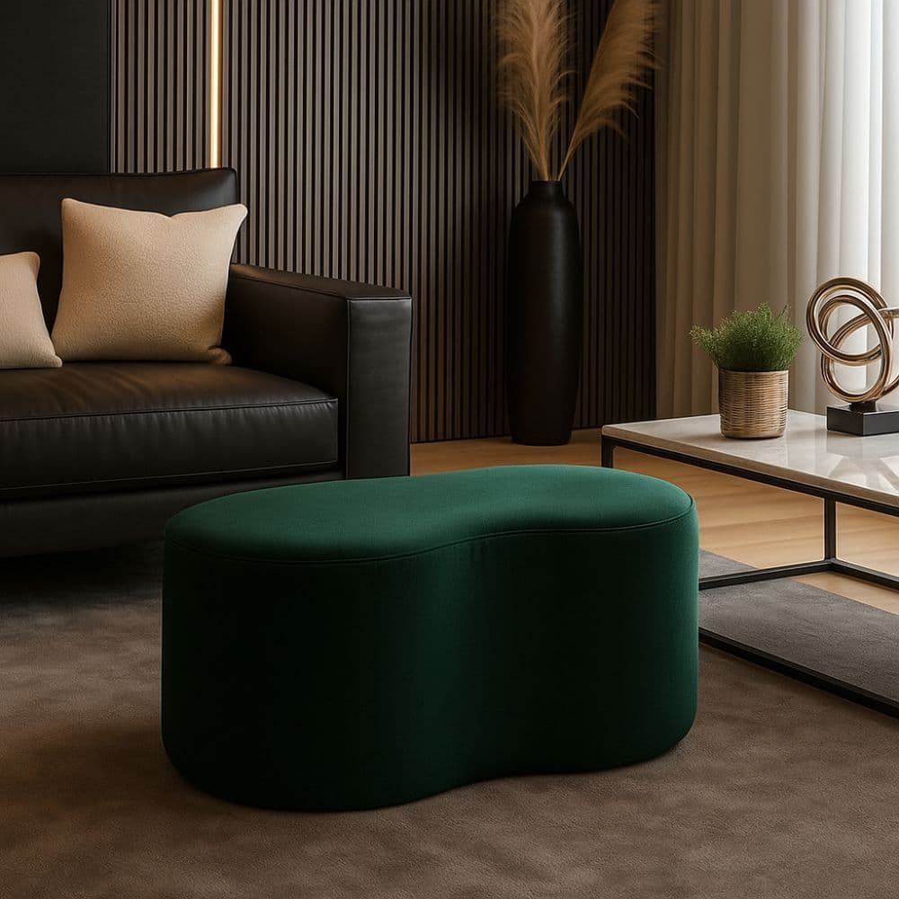 Puff Banco Curvo Orgânico Terry Luxo 1 Metro Sala Quarto Closet Escritório Tecido Suede Verde Escuro