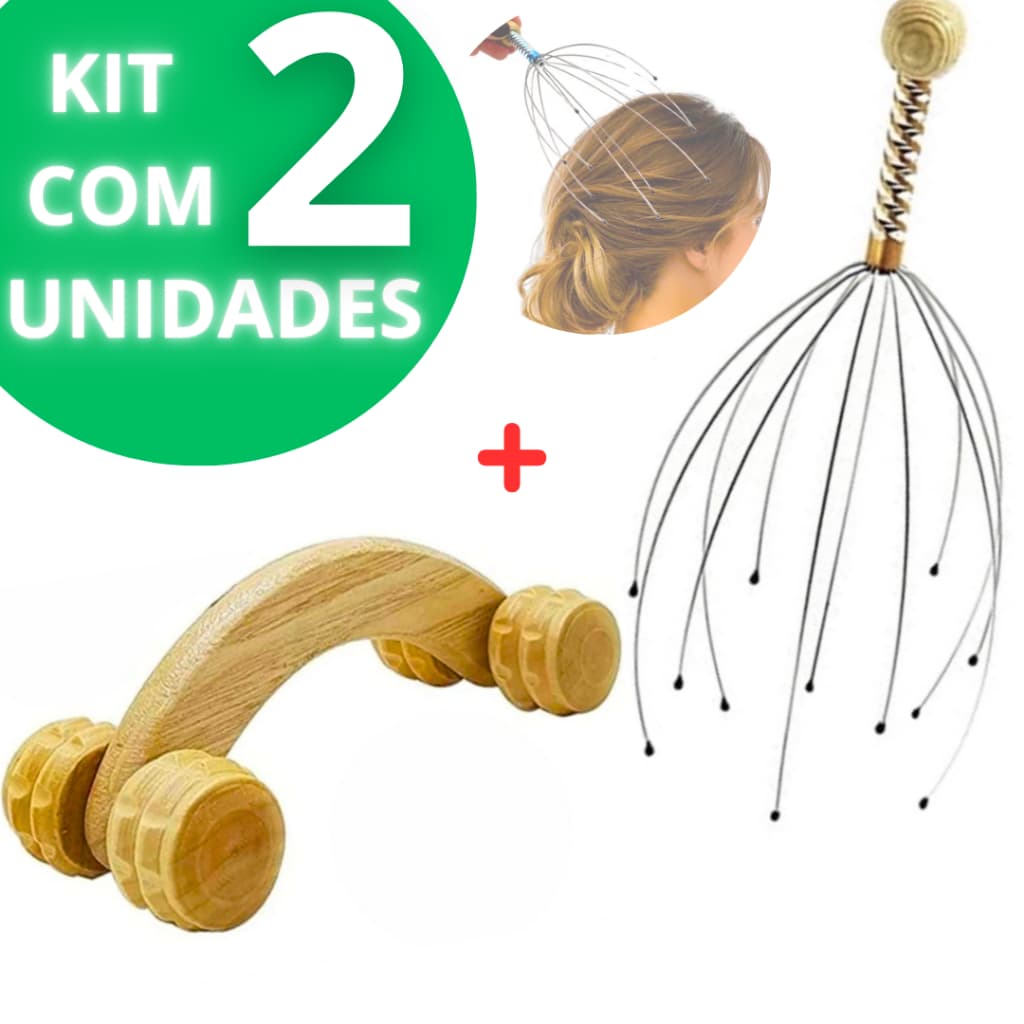 Kit 2 Massageador Madeira Pescoço Costas Relaxante Carrinho e Massageador de Cabeça Cafuné