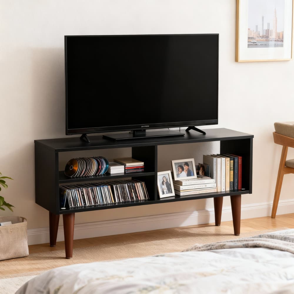 Aparador Rack Vintage Pé Palito 90cm TV 43 Polegadas Sala Quarto Decoração Nichos MDP Preto Chão