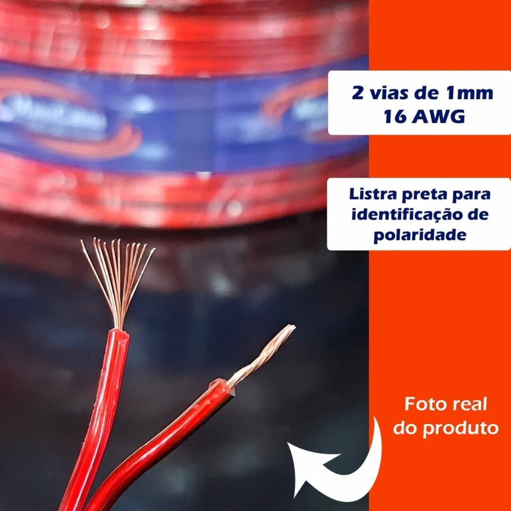 20 Metros Fio Som Automotivo Alto Falante Bicolor 1,00mm 2 vias 16AWG Carro Led 12v