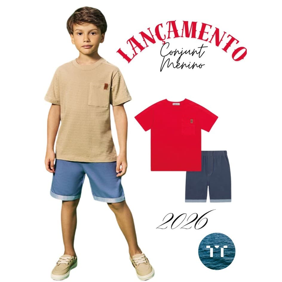 Conjunto infantil Menino casual Divertto,camiseta texturizada com bolso frontal,bermuda em moletinho