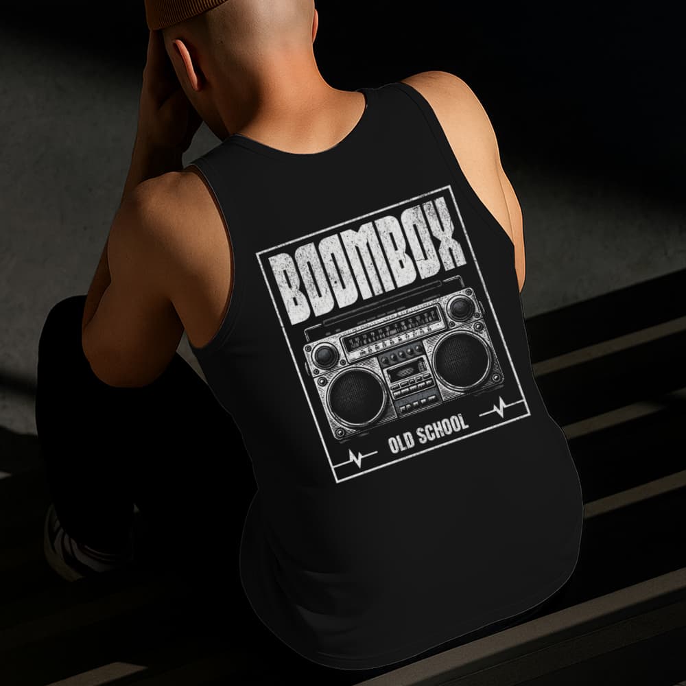 Camiseta Regata Masculina Estampada Boombox 100% Algodão Estilo Conforto Diário Do Tamanho P ao GG