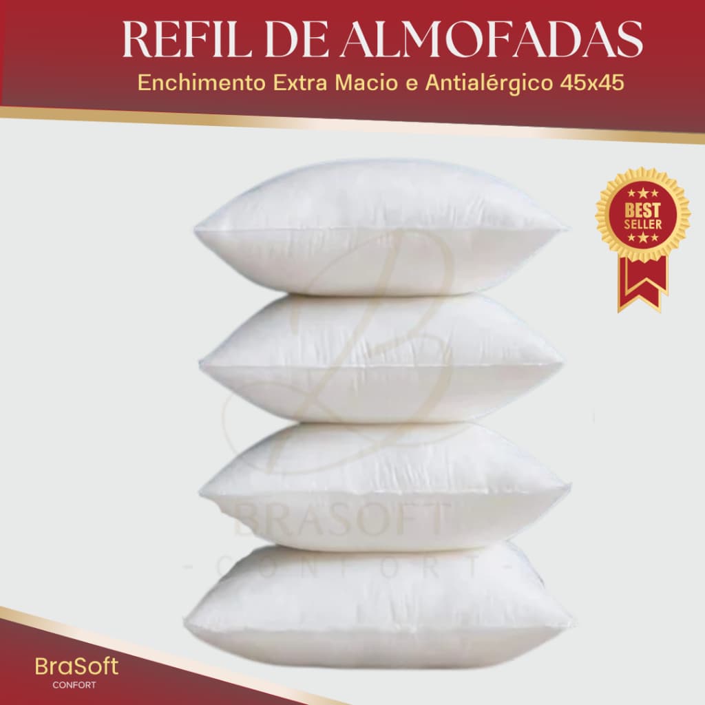 KIT 4 ALMOFADAS BRASOFT 45X45 REFIL ENCHIMENTO EXTRA MACIO ANTIALÉRGICO