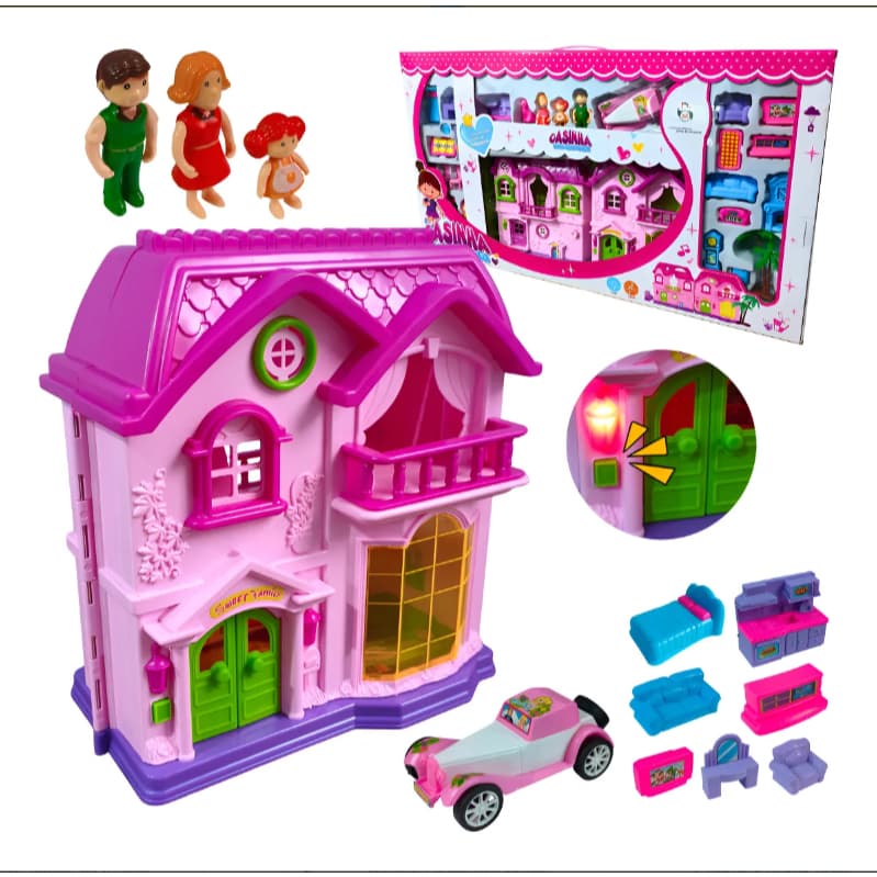 Casinha De Boneca Com Luz Som Carrinho Bonecos E +20 Móveis