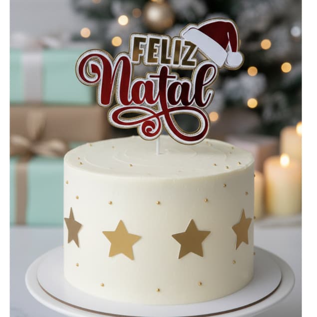 Topo de Bolo escrita Feliz Natal gorro Papai Noel camadas luxo dourado glitter festa decoração natalina enfeite vermelho