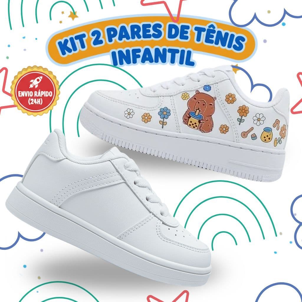 2 Tênis Infantil Combo 2 pares tenis menino e menina branco e capivara 26 ao33