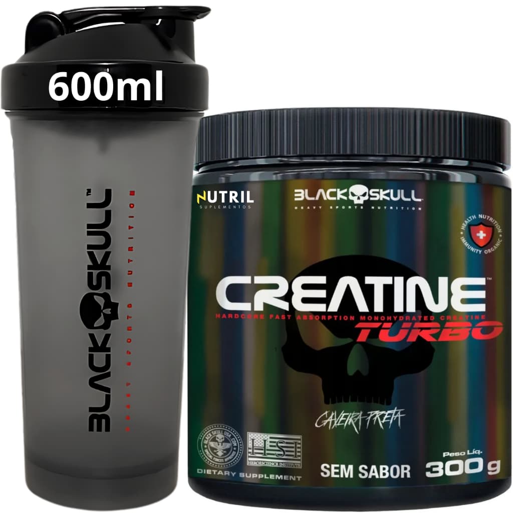 Kit Creatina Monohidratada TURBO 300g Black Skull + Coqueteleira Fumê 600ml - Ganho de Massa Muscular - Energia - Força
