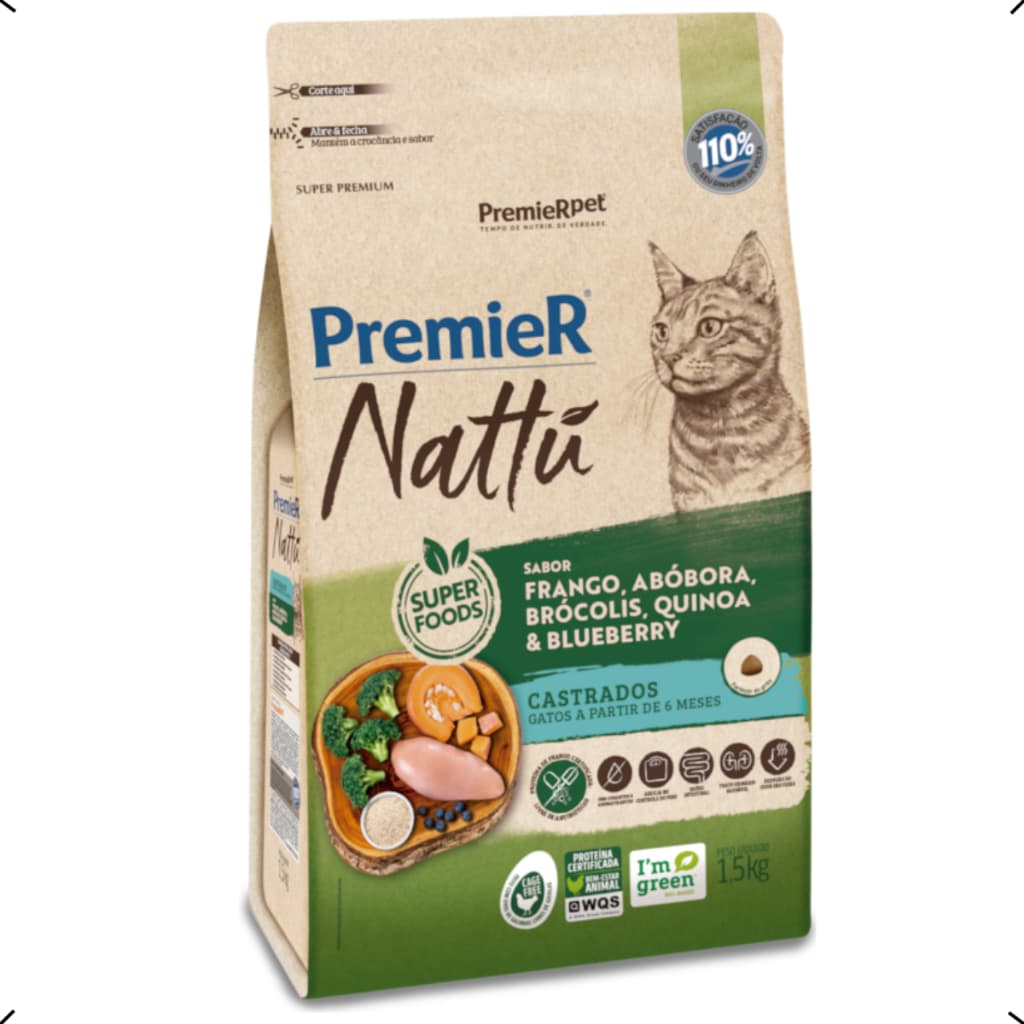 RAÇÃO PREMIER NATTU GATO CASTRADO ABOBORA 7,5KG