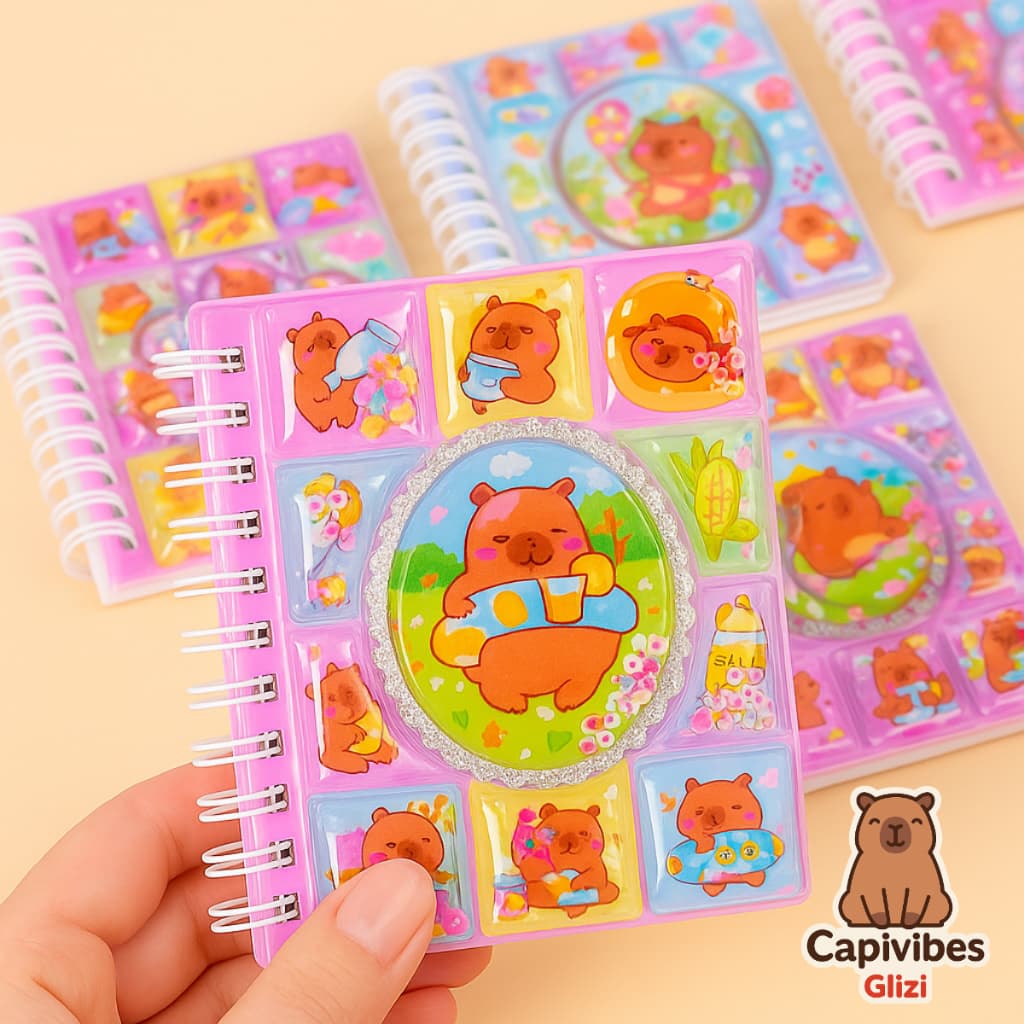 Caderno Capivara 3D Líquido com Adesivos e Folhas Decoradas – Papelaria Fofa Colecionável