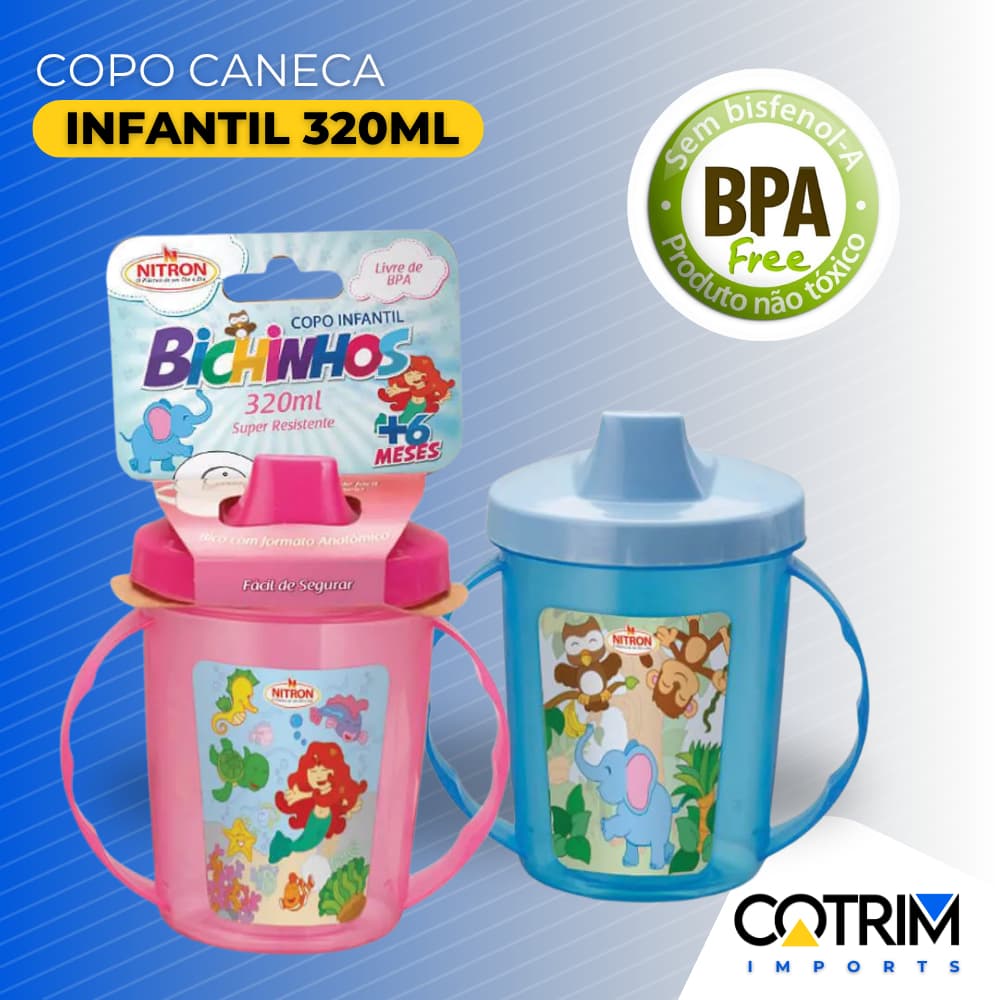 Copo Caneca Infantil com Alça e Tampa 320ml Bichinhos / Nitron